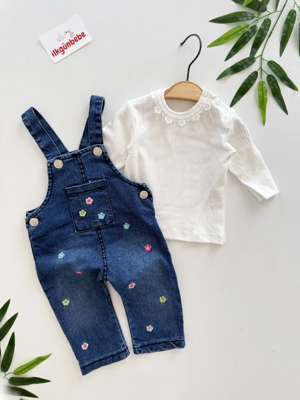 Çiçek Desenli Likralı Esnek Kot Kumaş  Bodyli 2’li Takım