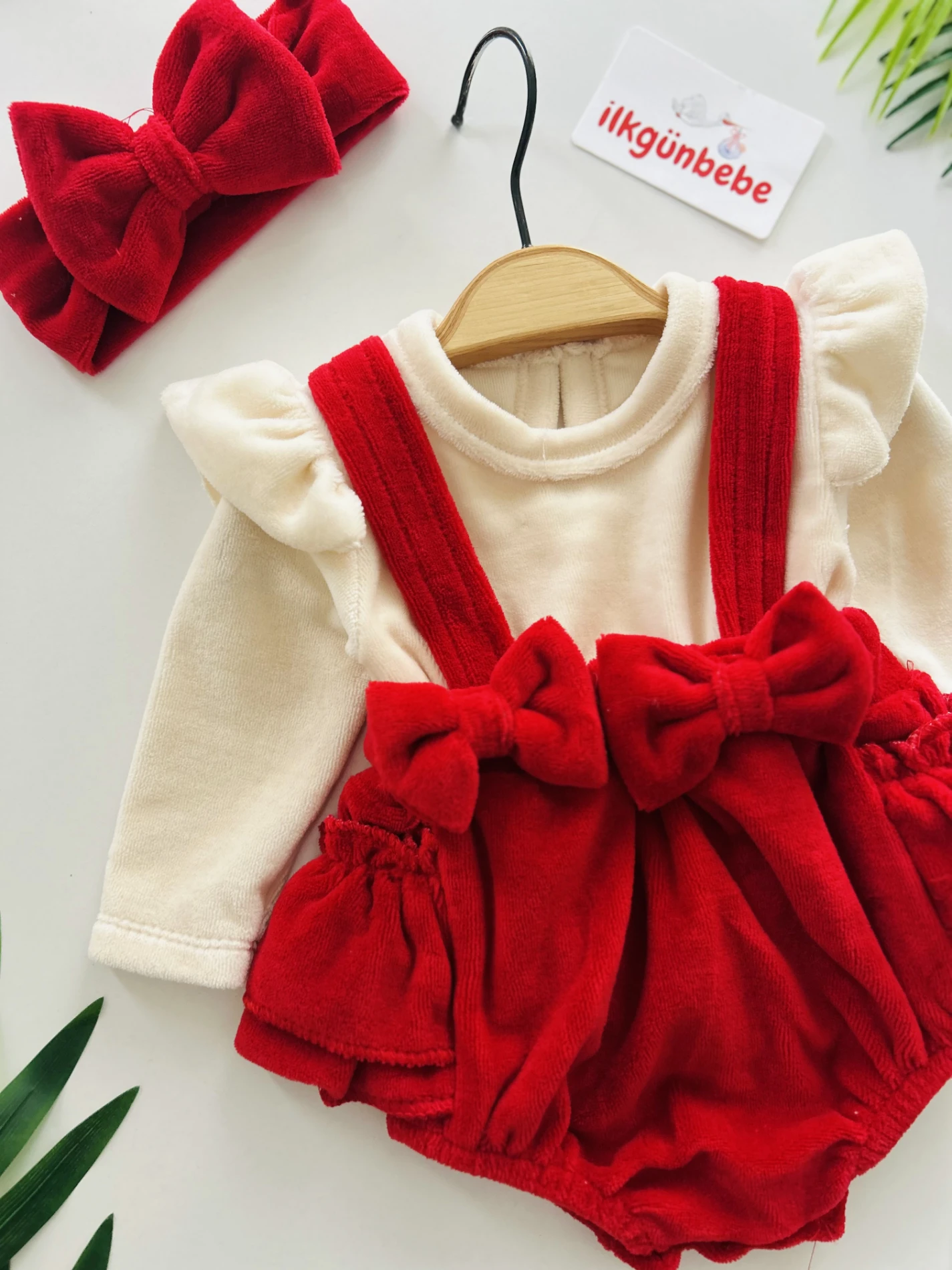 Fiyonklu Kadife Kumaş Bandana Elbise Set