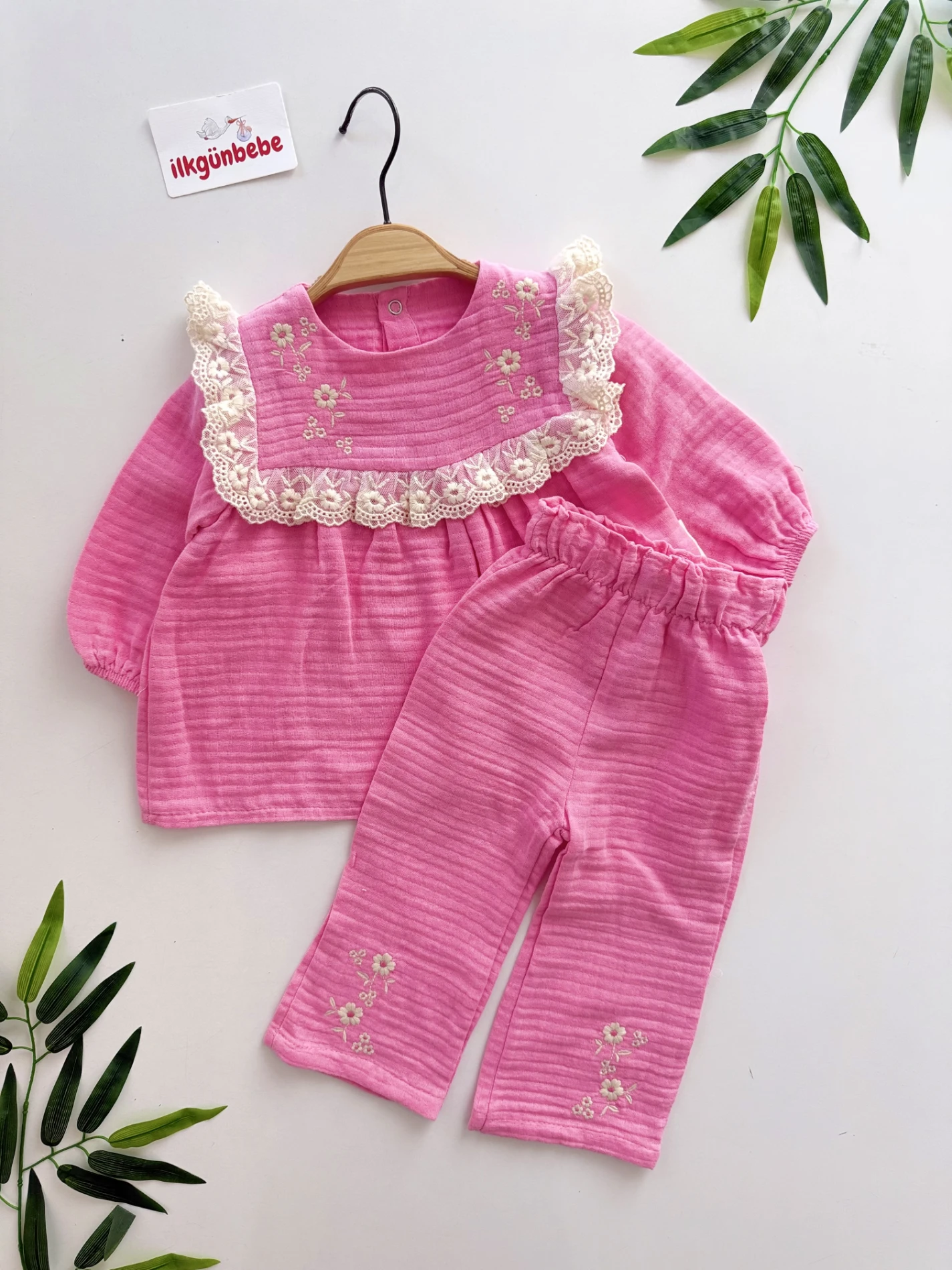 Müslin Kumaş Çiçek Nakışlı Dantelli Premium Takım