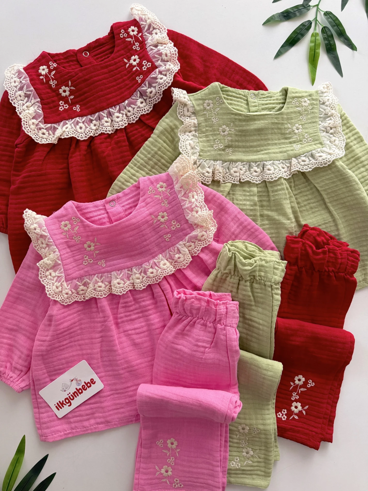 Müslin Kumaş Çiçek Nakışlı Dantelli Premium Takım