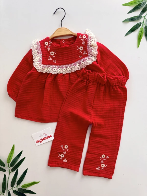 Müslin Kumaş Çiçek Nakışlı Dantelli Premium Takım