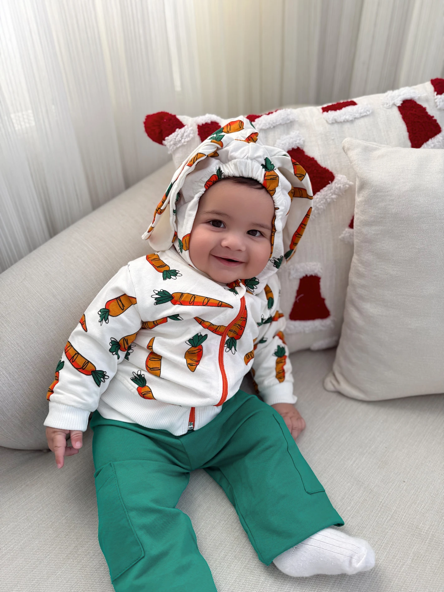 Havuç Desenli Tavşan Kulaklı Kapüşonlu 3’lü %100 Pamuk Takım