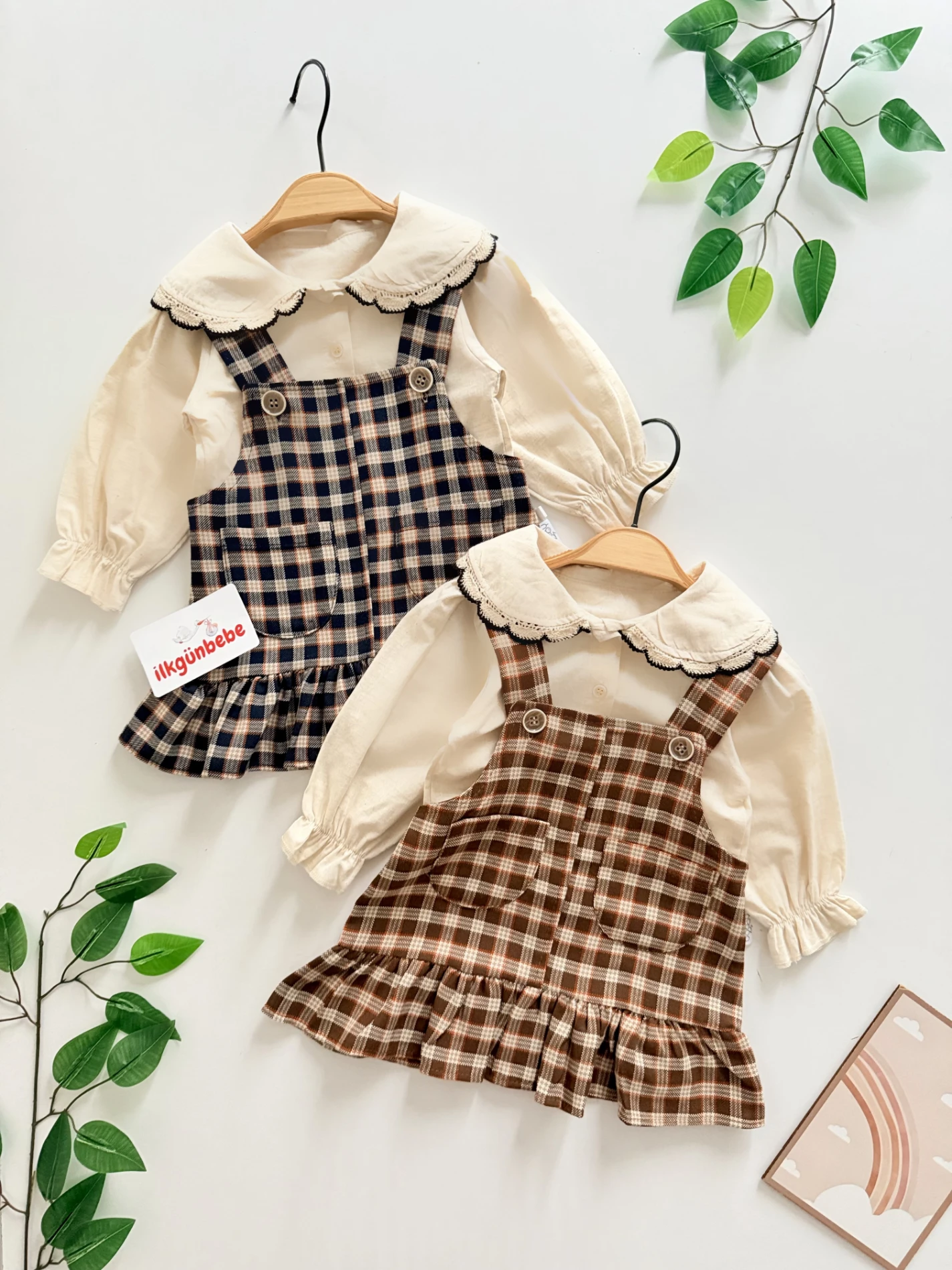 Keten Gömlekli Ekose Desenli Jile Elbise Set