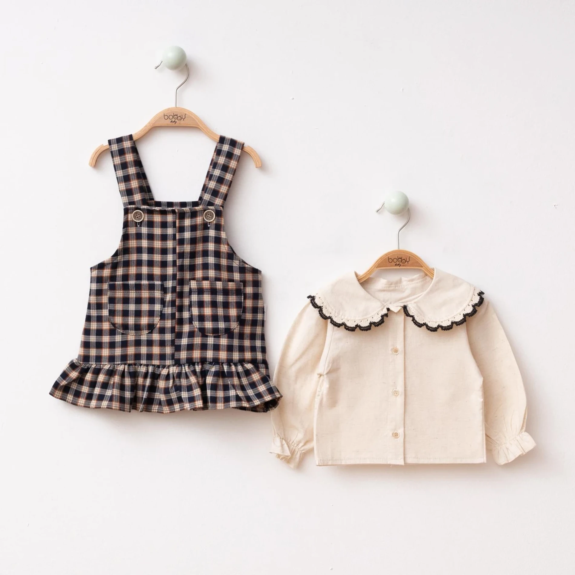 Keten Gömlekli Ekose Desenli Jile Elbise Set