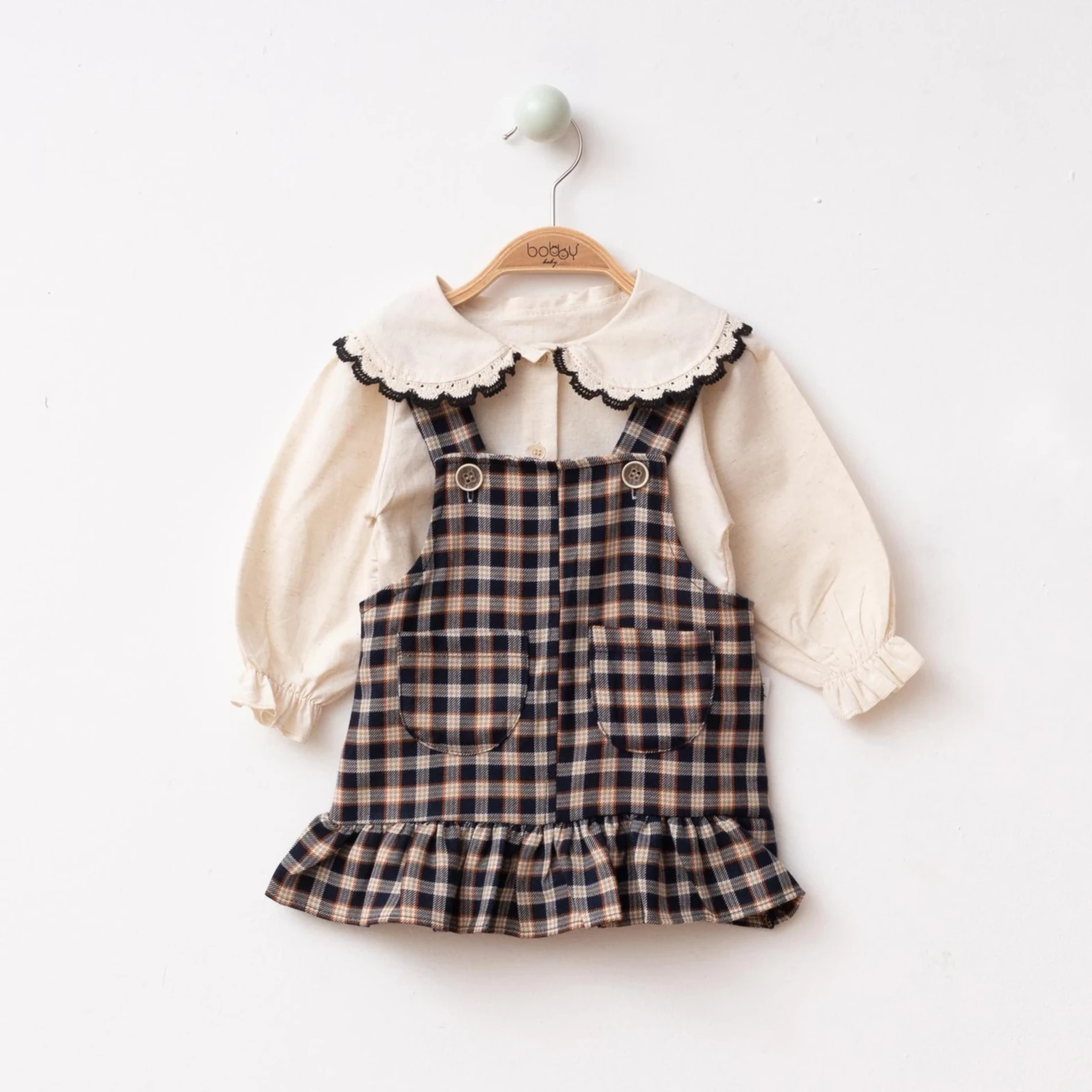 Keten Gömlekli Ekose Desenli Jile Elbise Set