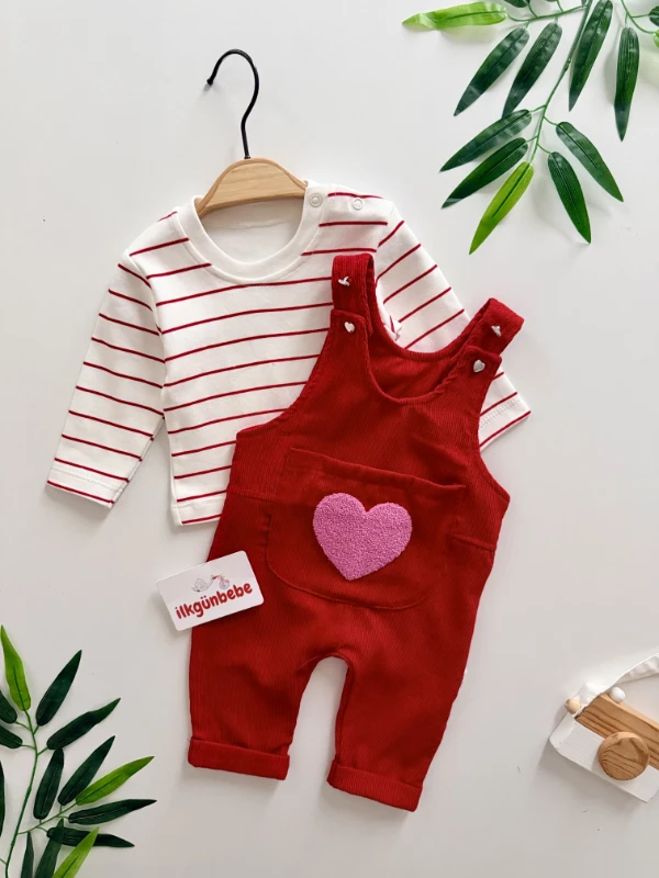 Kalp Punch İşlemeli Kadife Salopet & Body