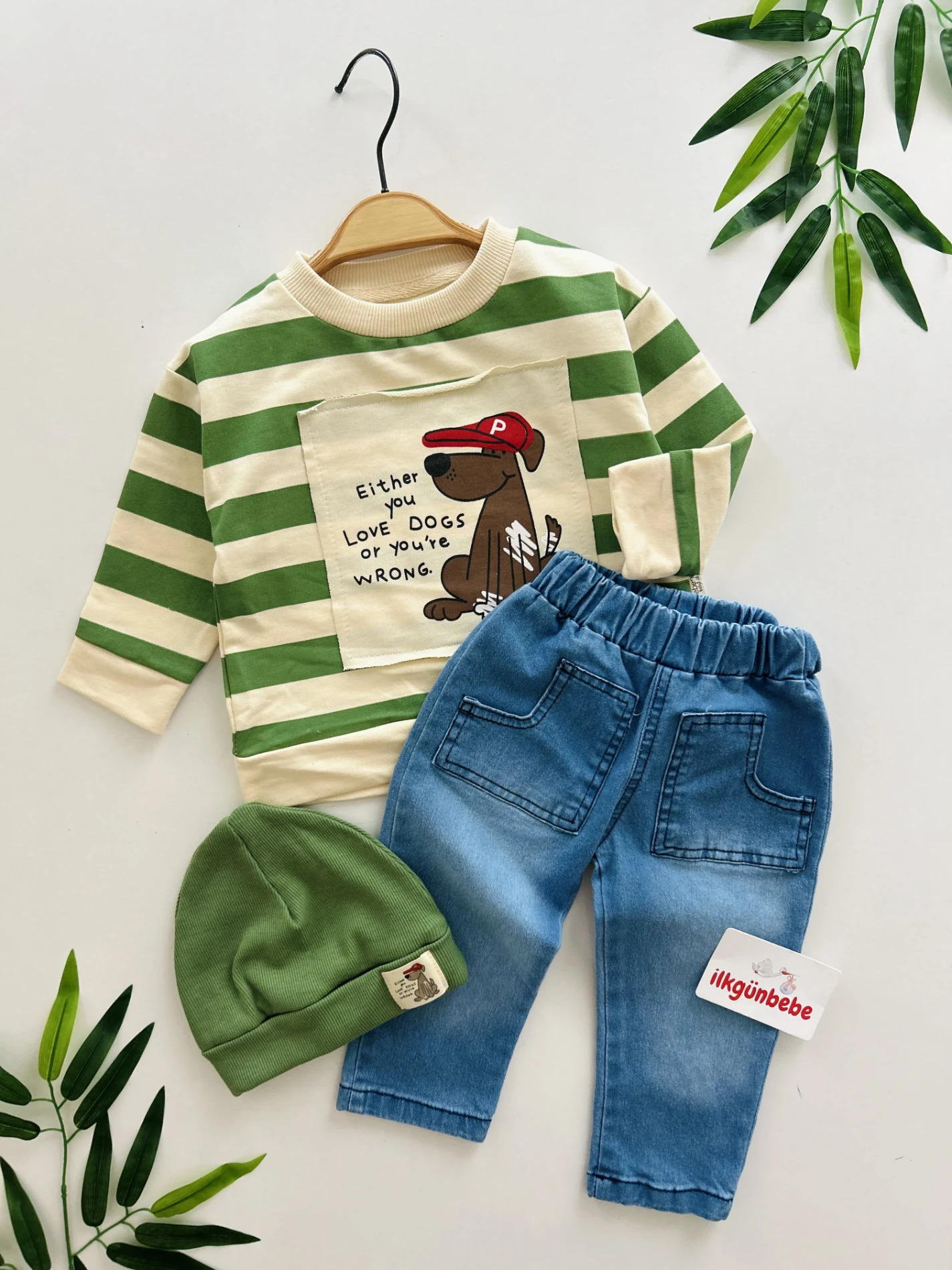 Sevimli Köpek Baskılı Şeritli Bereli Likralı Kot Takım