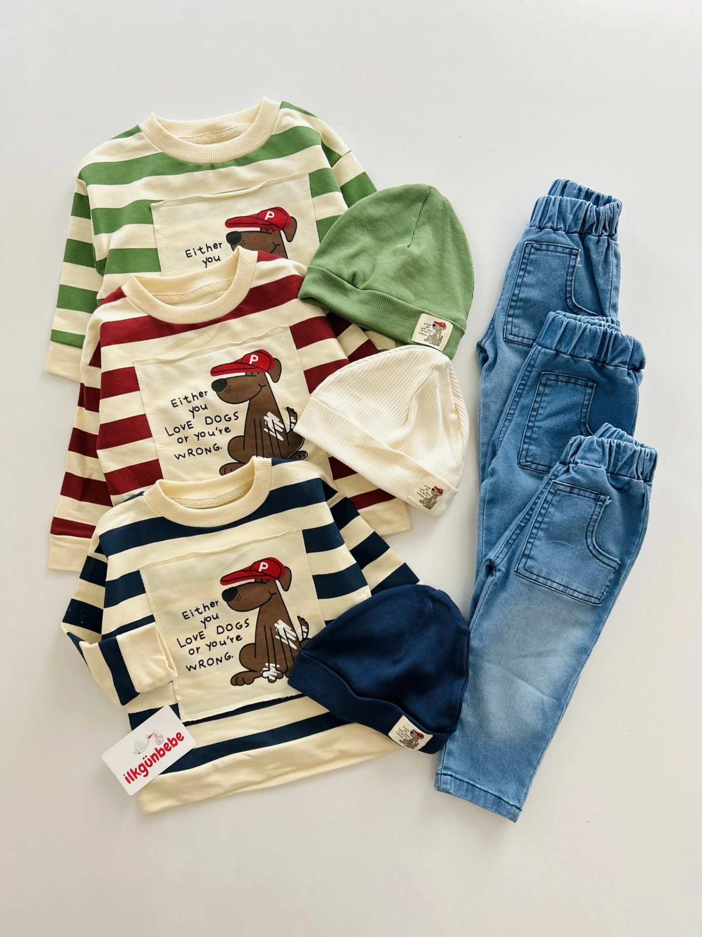 Sevimli Köpek Baskılı Şeritli Bereli Likralı Kot Takım