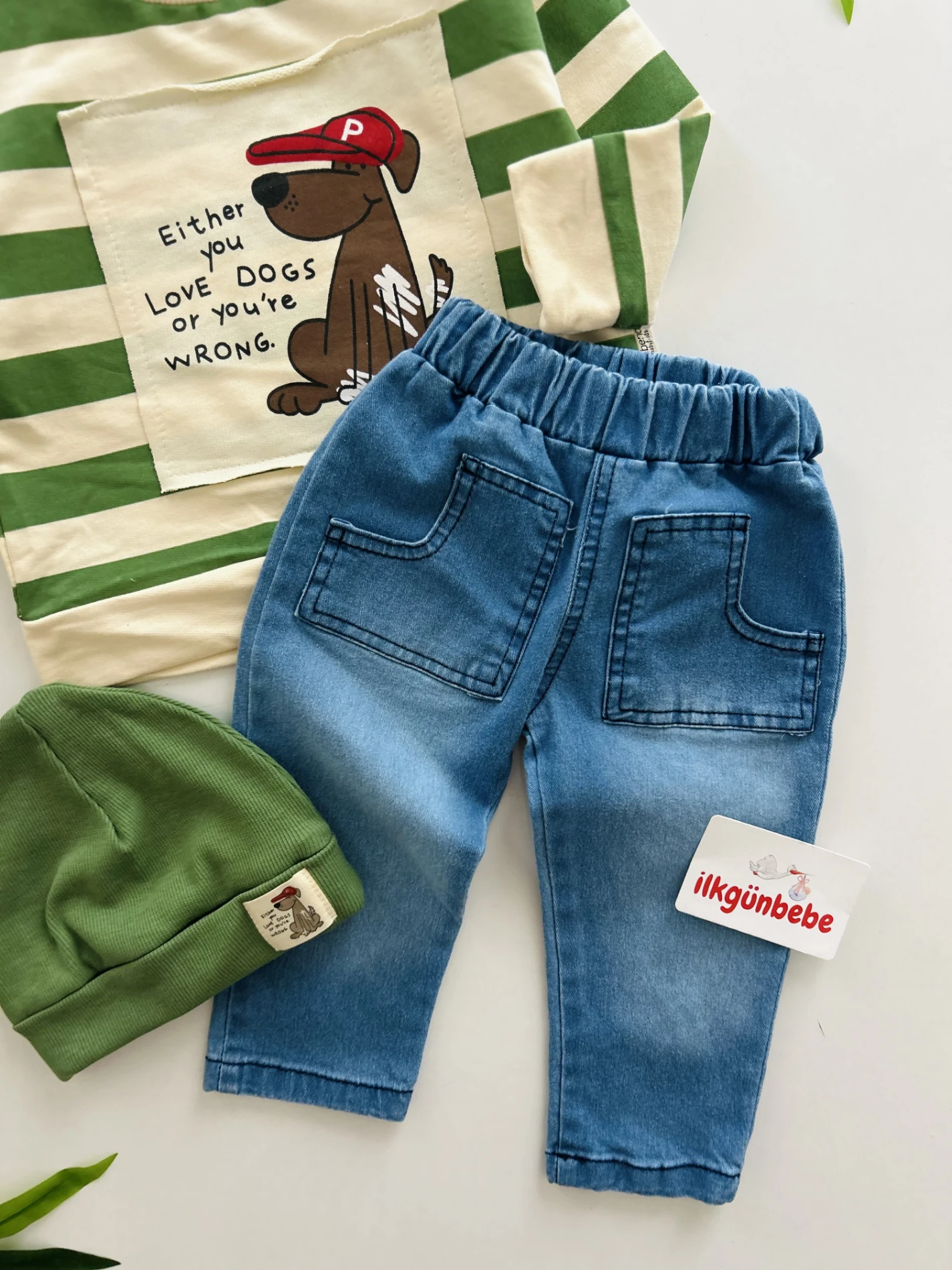 Sevimli Köpek Baskılı Şeritli Bereli Likralı Kot Takım