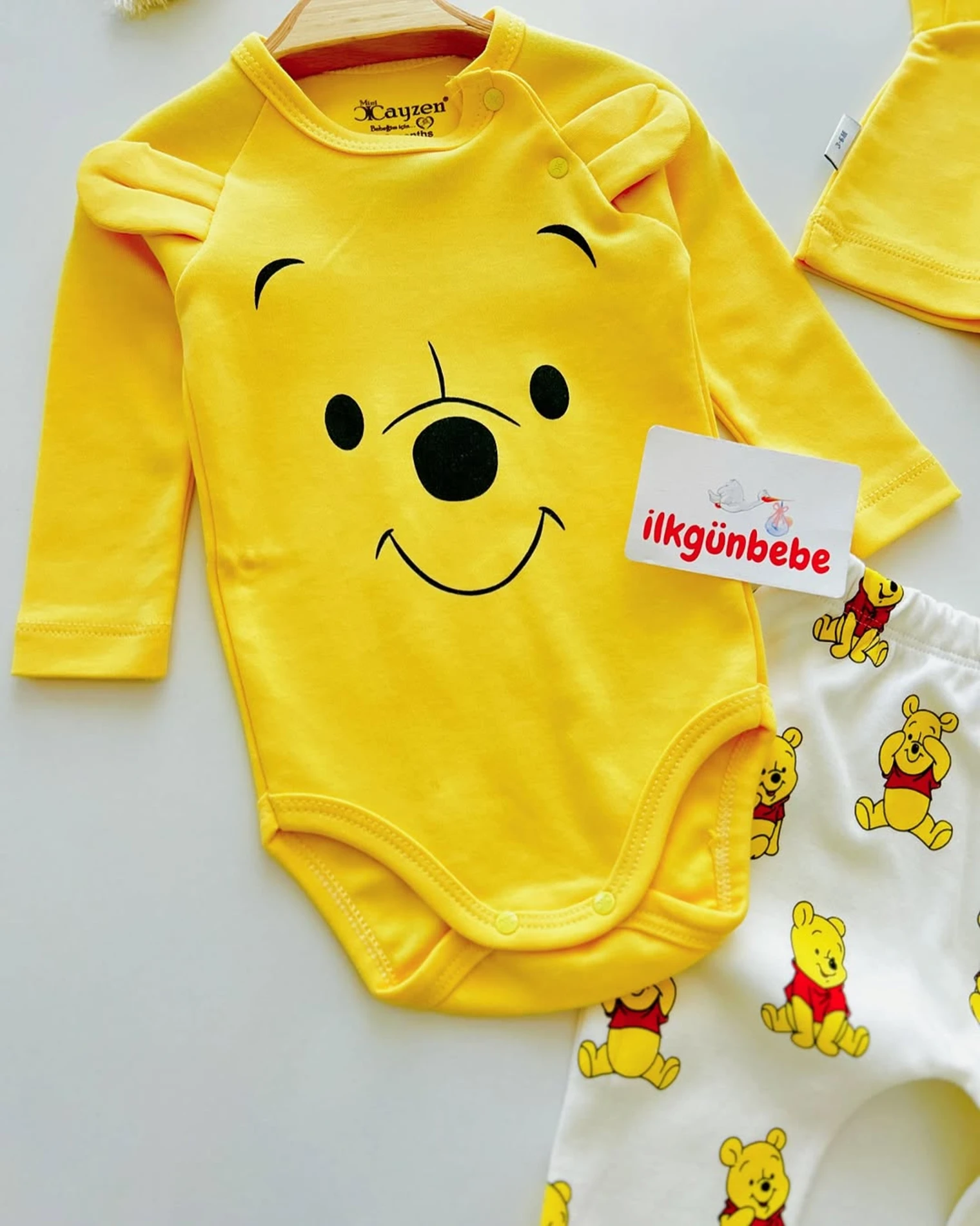 Winnie The Pooh Baskılı %100 Pamuk Şapkalı 3’lü Takım