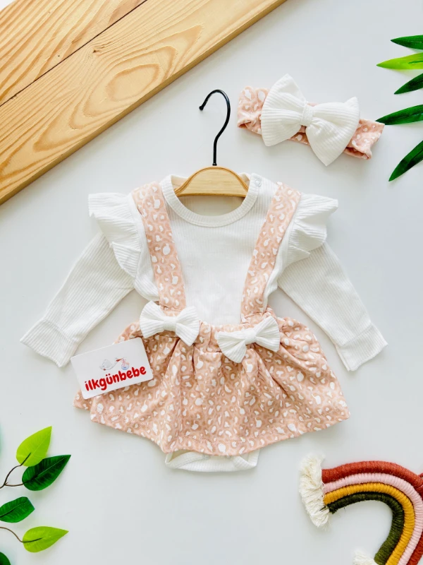 Zarif Leopar Desenli Omuz Fırfır Detaylı Fiyonklu  Bandanalı 3’lü Kız Bebek Romper & Elbise