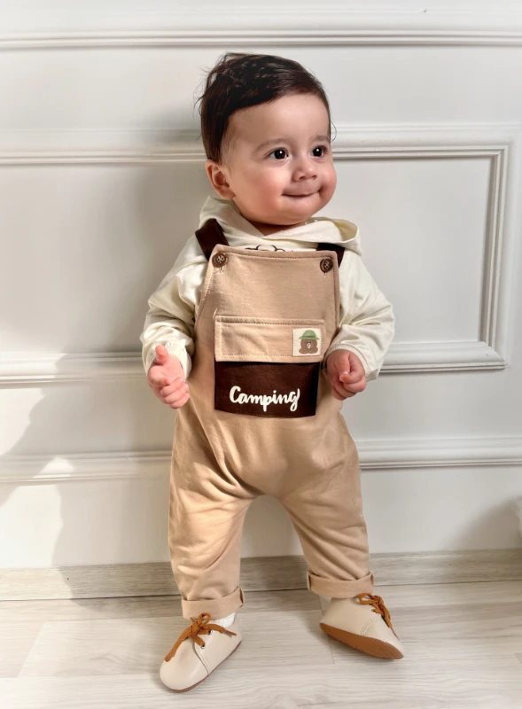 Camping Teddy Cep Detaylı Salopetli Kapüşonlu Sweatli 2’li Cool Takım