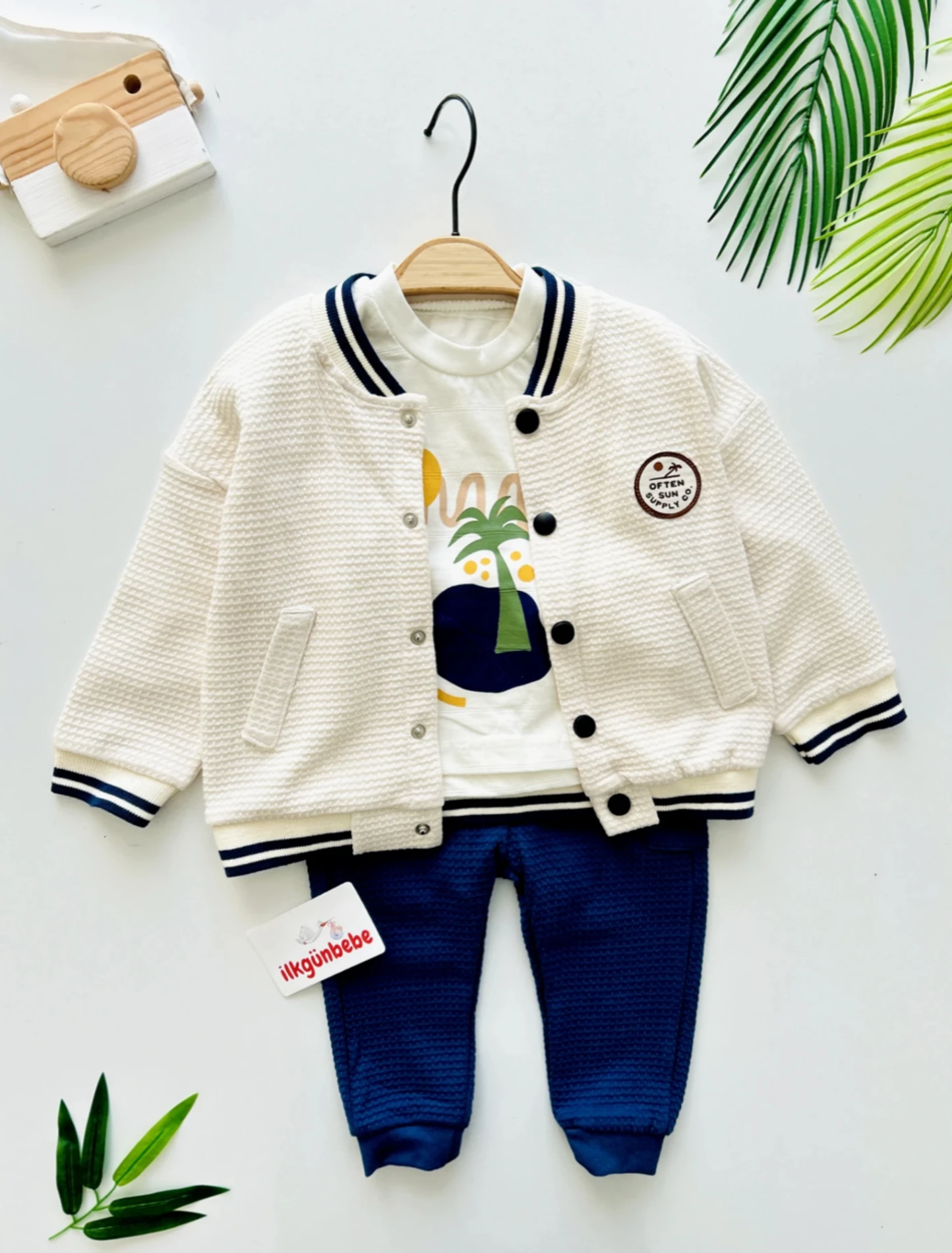 Cool Boy Kolej Ceketli Palmiye Temalı Badili Pantalonlu 3’lü Takım