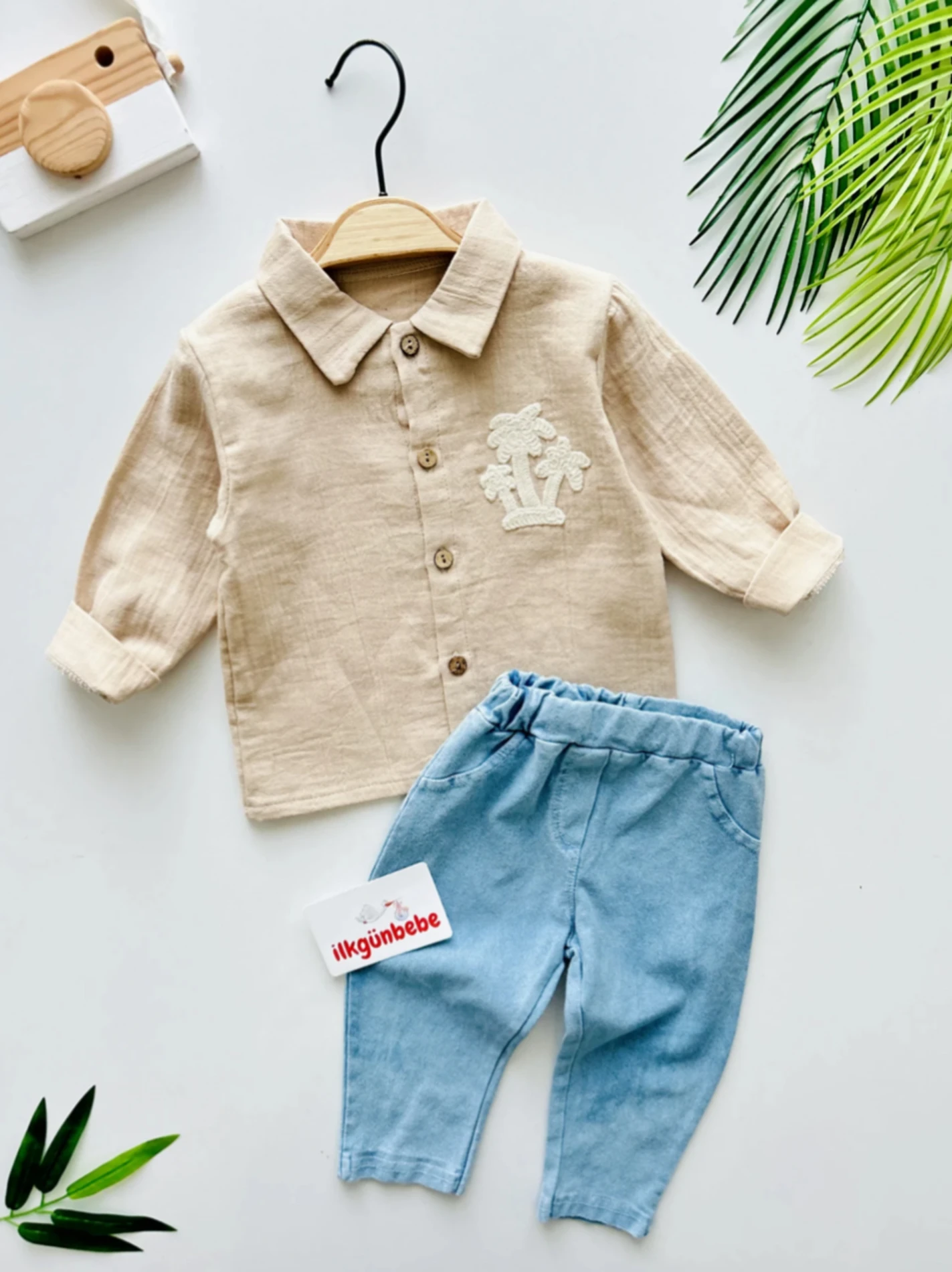 Palmiye Desenli %100 Organik Müslin Gömlekli Kot Pantalonlu 2’li Premium Kalite Takım