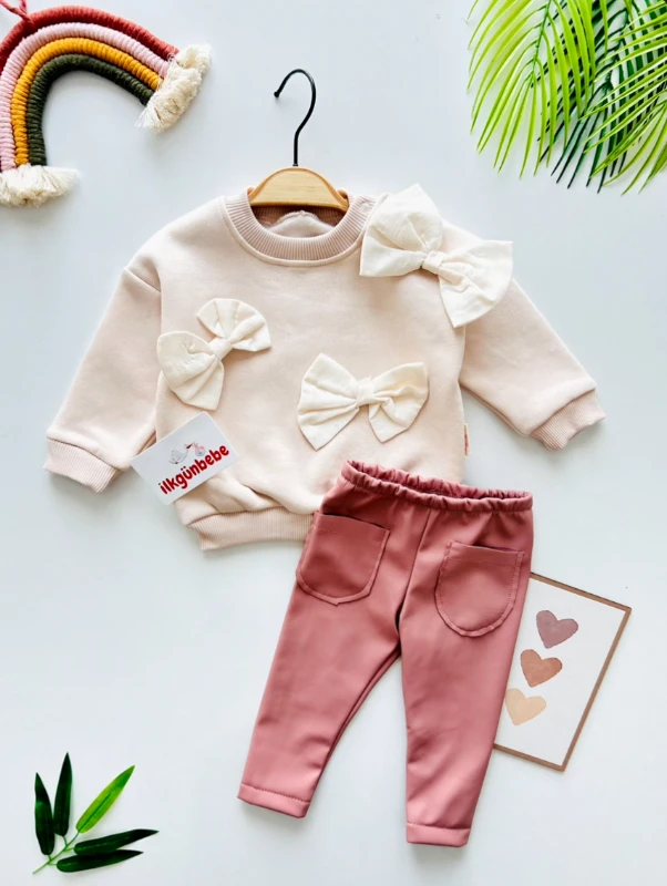 Fiyonklu 3 İp Polar Şardonlu Sweatli Deri Cet Detaylı Esnek Pantalonlu 2’li Premium Kız Takım