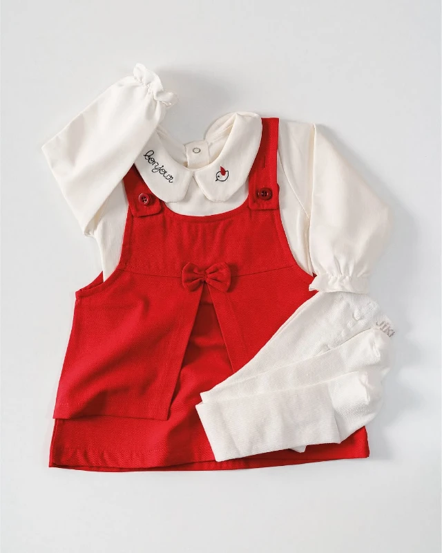 Minik Kuş Nakışlı Bebe Yakalı %100 Pamuk Badili Fiyonklu Jileli Külotlu Çorap Hediyeli 3’lü Takım