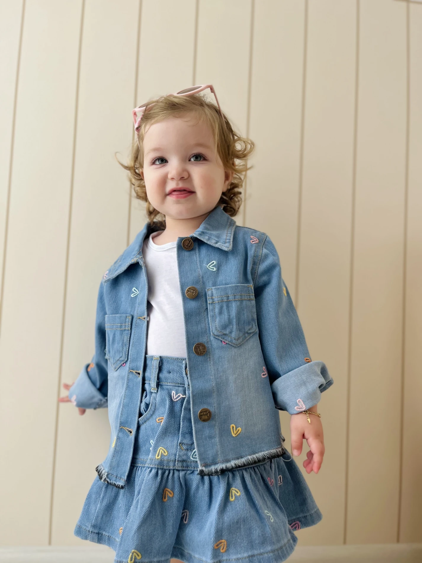 Kalp Nakışlı Kot Ceketli Fırfır Detaylı Etekli  Premium Kalite 2’li Şık Denim Takım 