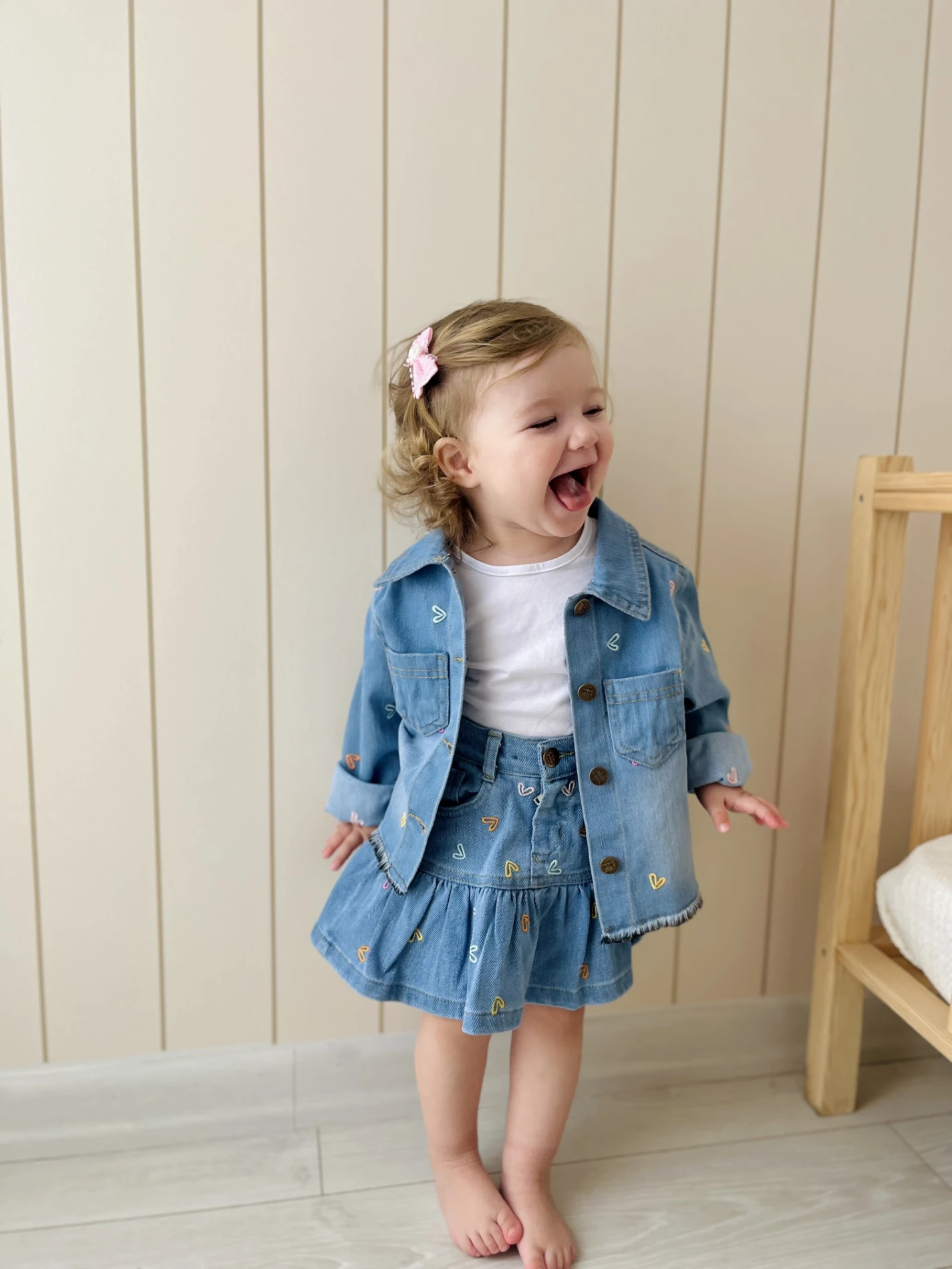 Kalp Nakışlı Kot Ceketli Fırfır Detaylı Etekli  Premium Kalite 2’li Şık Denim Takım 