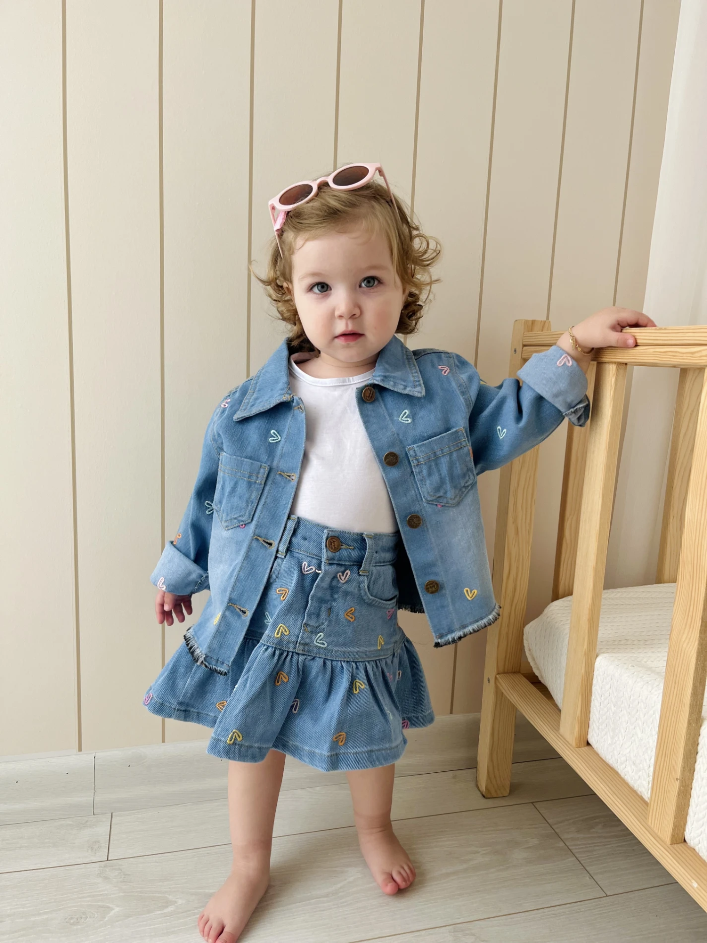 Kalp Nakışlı Kot Ceketli Fırfır Detaylı Etekli  Premium Kalite 2’li Şık Denim Takım 