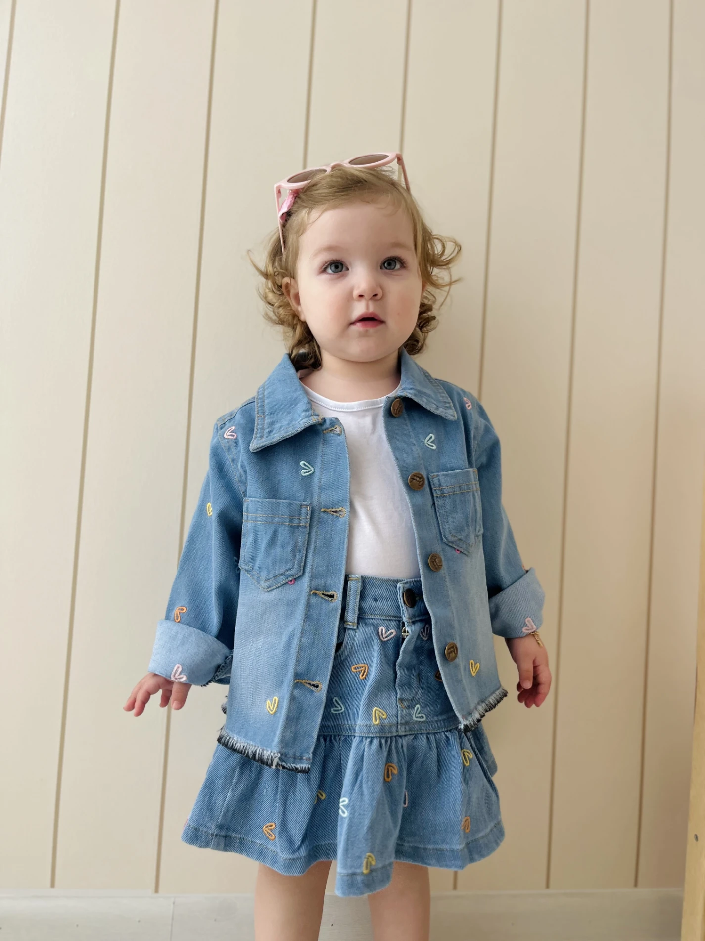 Kalp Nakışlı Kot Ceketli Fırfır Detaylı Etekli  Premium Kalite 2’li Şık Denim Takım 