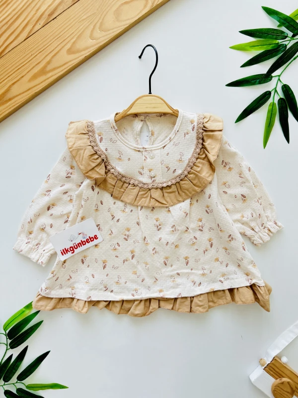 Sonbahar Çiçek Temalı Yaka Detaylı Elbise 