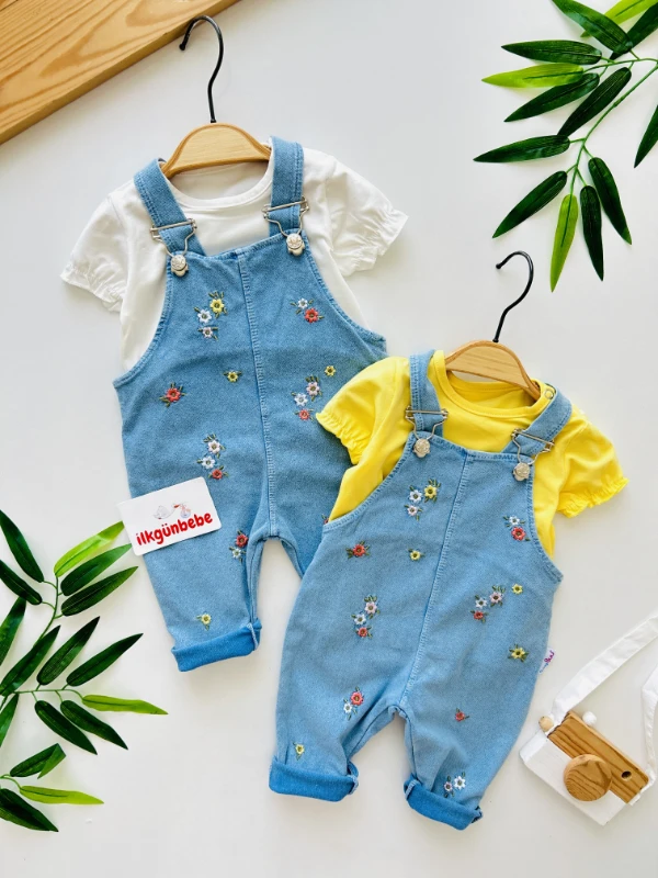 Minik Çiçek  Nakışlı Örme Yumuşacık Likralı Esnek Kumaşlı Salopetli 2’li Premium Kalite Set