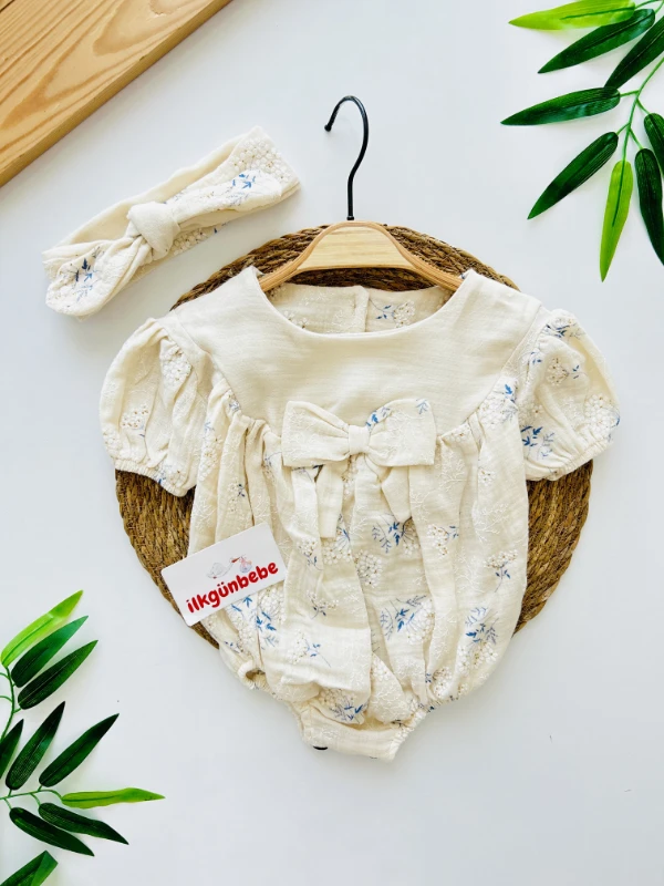 Pamuk Çiçeği %100 Pamuk Müslin Kumaş Premium Kalite Fiyonk Detaylı Romper & Bandana Set
