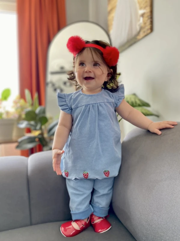 Çilek Nakış Detaylı Arkadan Çıtçıtlı Yazlık Örme Kot 2li Takım