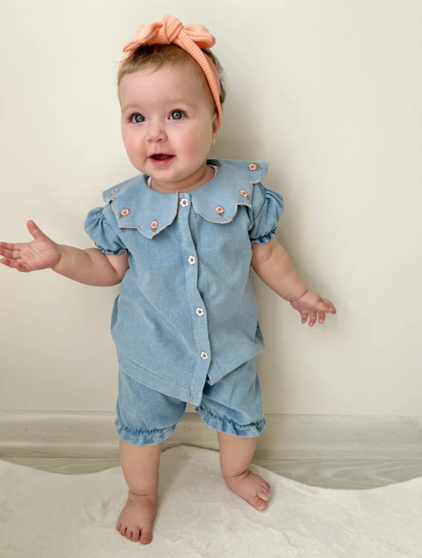 Çıtır Çiçek İşlemeli Yaka Detaylı Çıtçıtlı Gömlekli Şortlu 2’li Takım