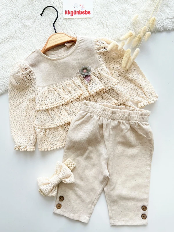 Lily Keten Kumaş Bandanalı Premium Kaliteli 3 Parça Ahşap Düğmeli Belden Esnek Takım