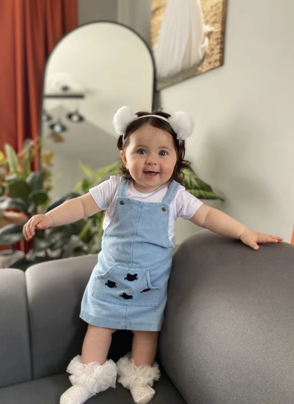 Pisicik Esnek Kumaş  Kot Etekli Salopetli Yazlık 2li Takım