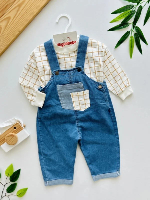 Kare Çizgi Desenli Omuzdan Çıtçıtlı Badili Organik %100 Likralı Esnek Kumaş Kot Salopetli 2’li Takım