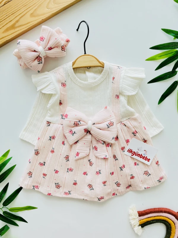 Bahar Çiçek  Desenli Astarlı Büyük Fiyonk Detaylı Bandanalı 2’li Elbise