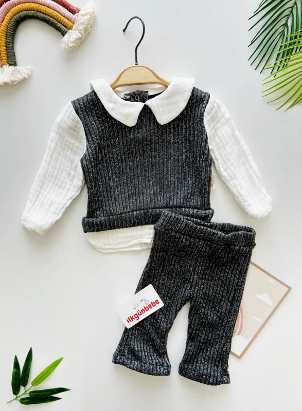 Simli Kendinden Birleşik Gömlekli Pantalonlu 2’li Premium Kalite Kız Bebek Takım