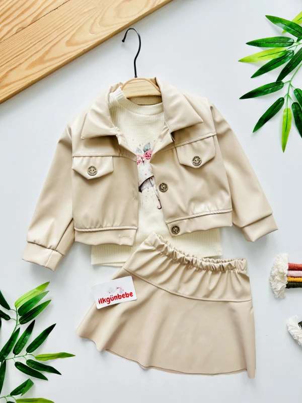 Deri Ceketli %100 Pamuk Fitilli Uzun Kollu Badili Etekli 3’lü Deri Kombin