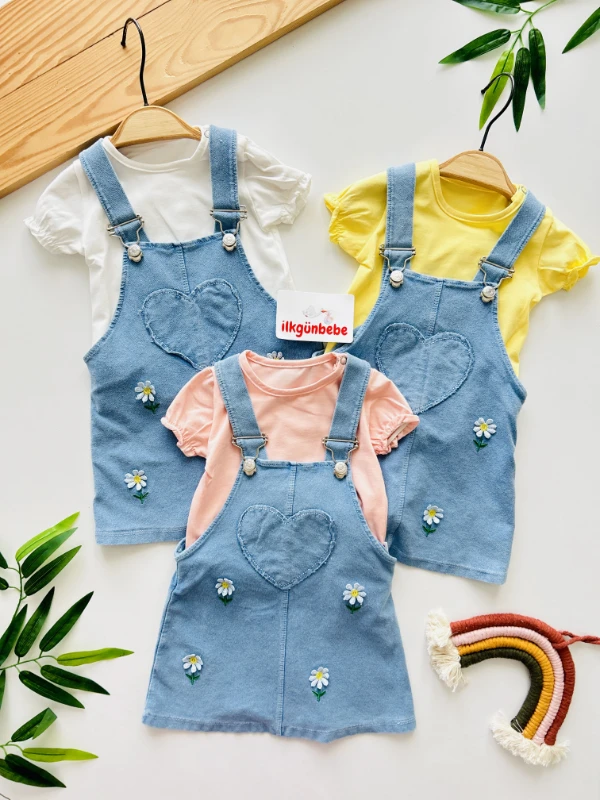 Papatya Nakışlı Likralı Yumuşacık Kumaş Kot Jile Elbiseli Fırfır Kollu Tişörtlü 2’li Elbise Set