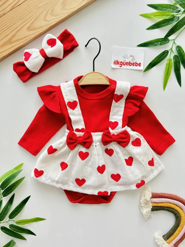 Kalp Desenli %100 Pamuk Müslin Kumaş Bandanalı Bodyli 3’lü Set