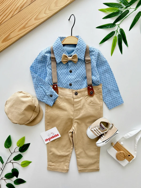 Gabardin Pantalon Keten Gömlekli Kasketli Askı Kemerli Papyonlu 5’li Premium Kalite Takım