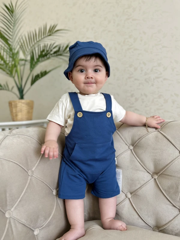 Bucket Şapkalı %100 Pamuk  Kumaşlı Tişörtlü Salopetli 3’lü Takım
