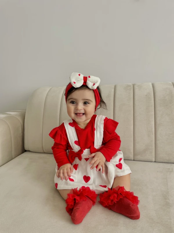 Kalp Desenli %100 Pamuk Müslin Kumaş Bandanalı Bodyli 3’lü Set