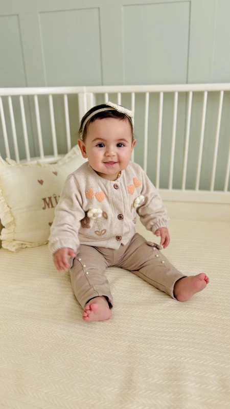 Örgü Çiçek Nakış Detaylı Premium Kalite  İnci Pantalonlu Uzun Kollu Badili %100 Pamuk 3’lü Takım