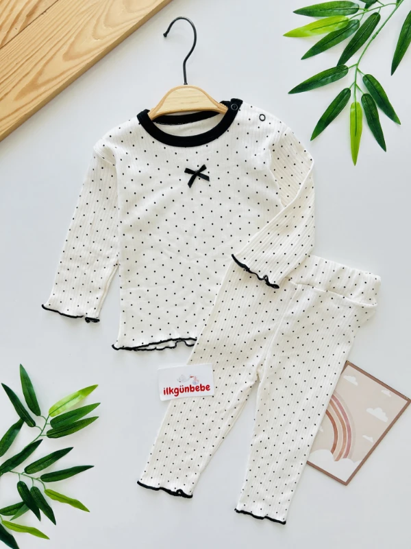 Puantiye Desenli Fiyonk Detaylı %100 Pamuk Esnek Kumaş Fırfırlı 2’li Mevsimlik Takım