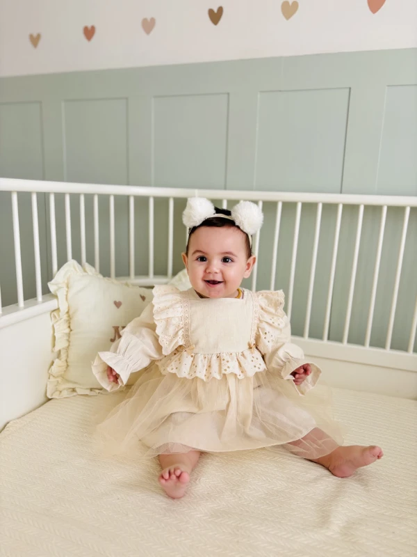 Yaka Dantel Zarif Detaylı Vintage Keten %100 Pamuk Tüllü Astarlı Elbise