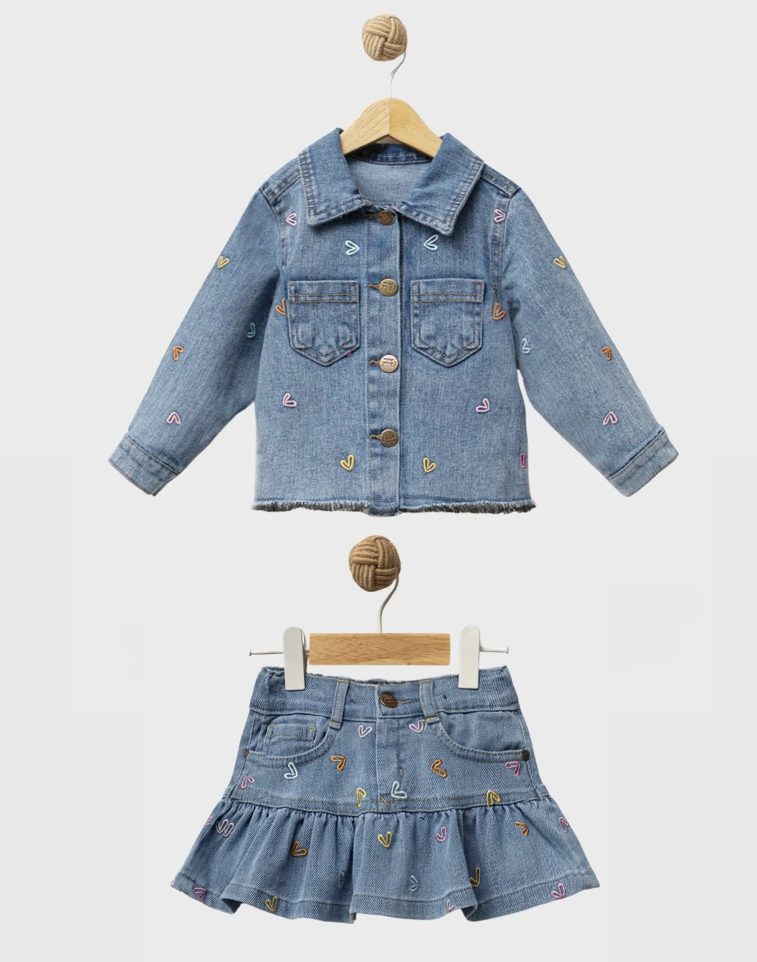 Kalp Nakışlı Kot Ceketli Fırfır Detaylı Etekli  Premium Kalite 2’li Şık Denim Takım 