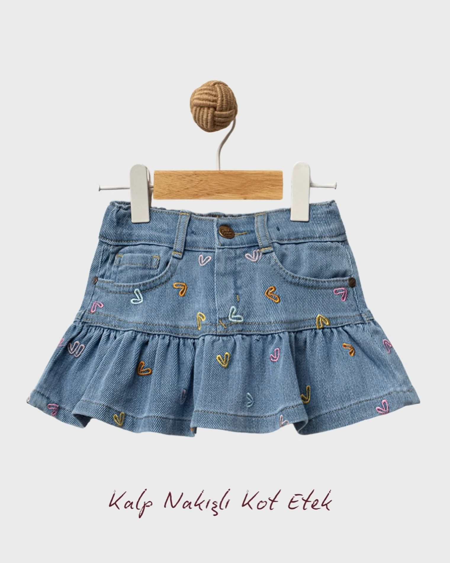 Kalp Nakışlı Kot Ceketli Fırfır Detaylı Etekli  Premium Kalite 2’li Şık Denim Takım 