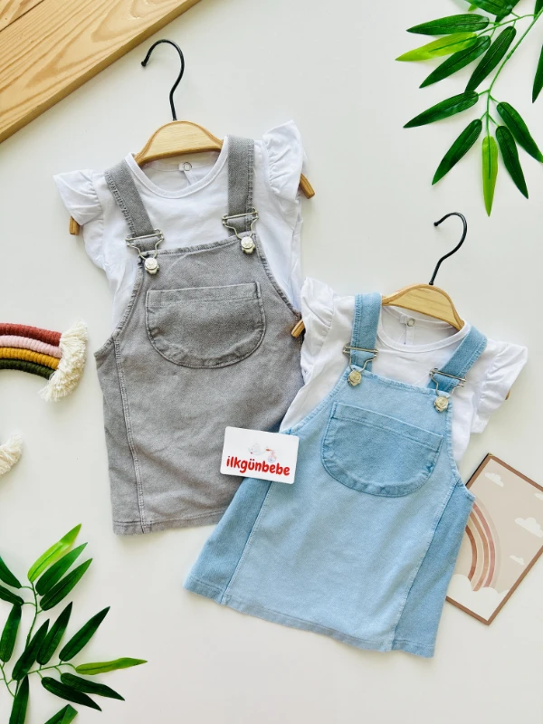 Likralı Yumuşacık Kot Jileli Fırfırlı Tişörtlü 2’li Elbise Jileli Set