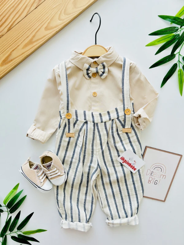 Çarpraz Askılı Müslin Kumaş Salopetli Papyonlu Gömlekli Şık Takım