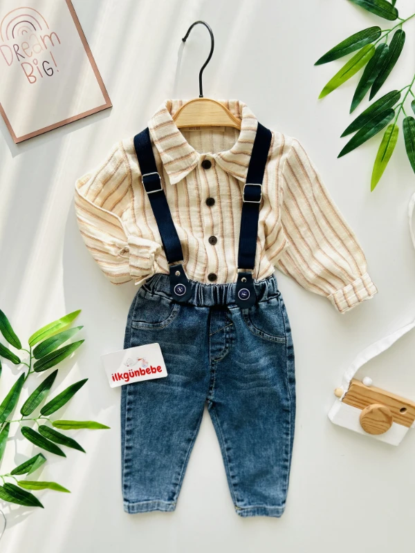 Çizgili Desenli Müslin Kumaşlı Gömlekli Kot Denim Pantalonlu Askılı Şık Set