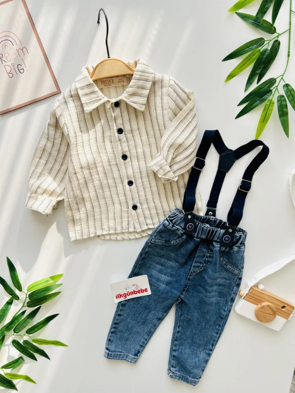 Çizgili Desenli Müslin Kumaşlı Gömlekli Kot Denim Pantalonlu Askılı Şık Set