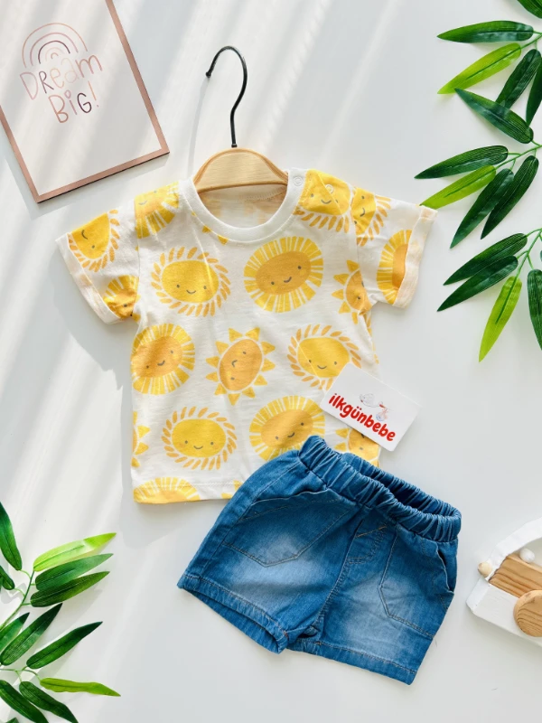 Güneş Baskılı Yaz Temalı Kot Şortlu 2’li Takım